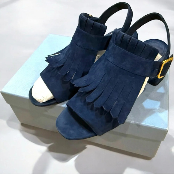 Prada Women’s Navy Suede Fringe Heeled Sandal Size 38/8 - Picture 1 of 16